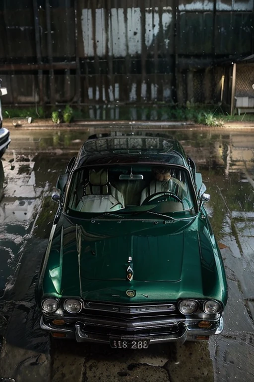 1962 Oldsmobile, green, white stripes, rainy conditions