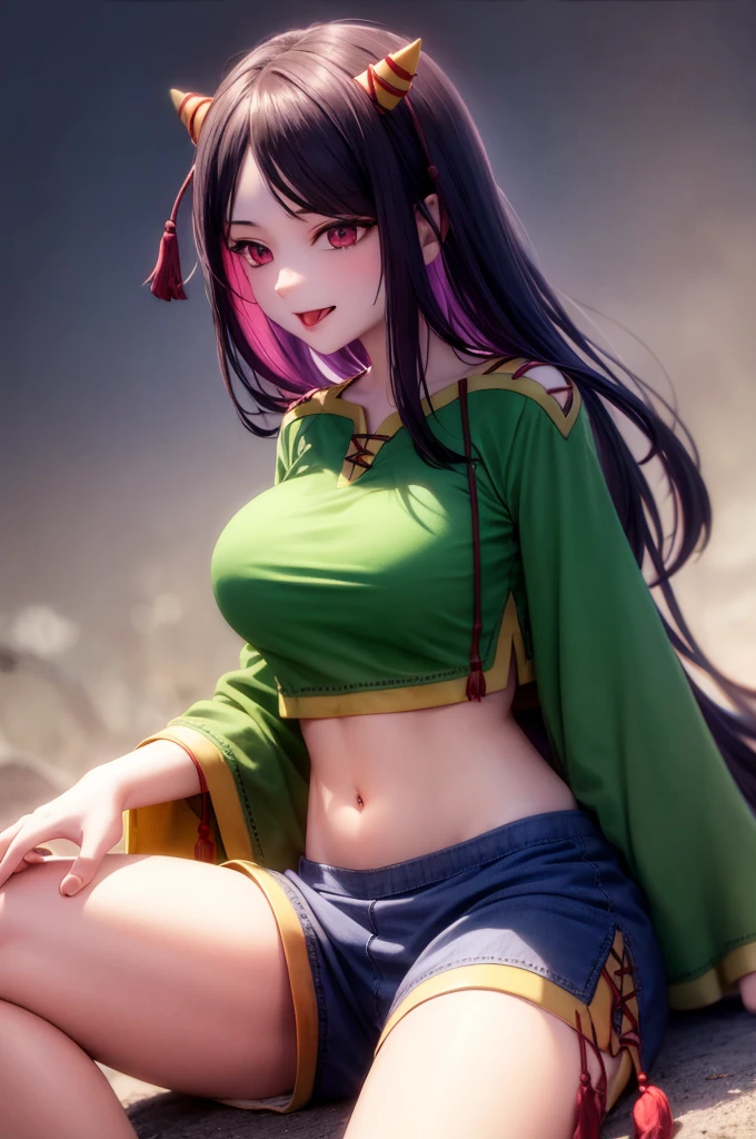 Peeing , put out one's tongue , White panty, Big breasts, navel, sexy woman, masterpiece, best quality, 1girl,horns,very long hair,purple hair,hair ornament,  red eyes,green shirt,long sleeves, navel,blue shorts,tassel,ribbon-trimmed clothes,
grey background, cowboy shot, light smile,sitting,