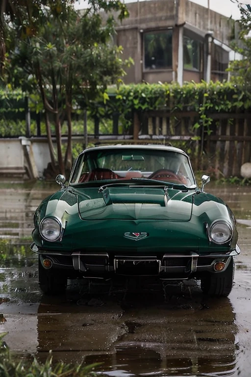 1962 Corvette, green, white stripes, rainy conditions