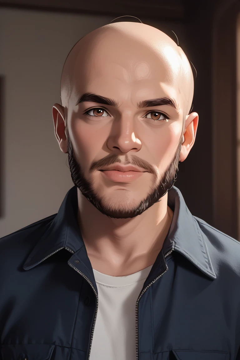 A bald man with a well-groomed, beautiful, full beard, showcasing youthful Latin American features with a light indigenous complexion. He has warm brown eyes, a young face, around 32 years old, and is smiling warmly. Highly detailed, photorealistic, natural lighting, sharp facial textures, cinematic composition.
