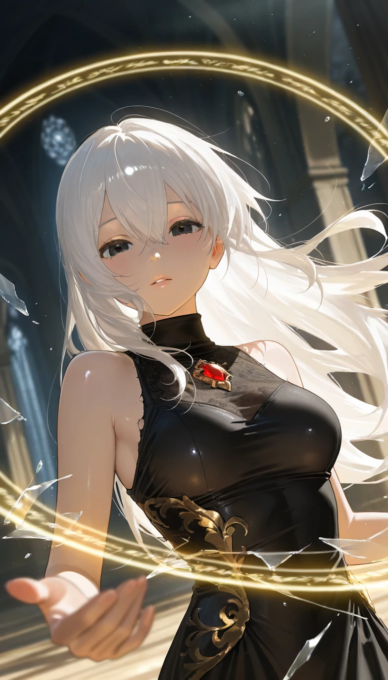 masterpiece, best quality, amazing quality, very aesthetic, high resolution, ultra-detailed, absurdres, newest, scenery, dark fantasy, cinematic light, 1girl, cute, solo, white hair, long hair, black eyes, medium breasts, luxurious gothic turtleneck black dress, (red gem, gold embedded clothes:1.2), no sleeves, shoulders, looking at viewer, ,hair between eyes, dutch angle, upper body, swirling black light around the character, depth of field, black light particles, (broken glass:1.2), magic circle, fine fabric emphasis, BREAK, extremely detailed clothes, photorealistic, eyes, hands, fingers, lips, detailed eyes, shiny skin, detailed skin, detailed hair, masterpiece, best quality, amazing quality, very aesthetic, high resolution, ultra-detailed, absurdres, newest, scenery, volumetric lighting