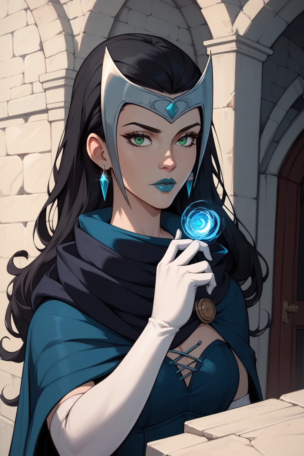 masterpiece, best quality, amazing quality, high resolution, absurdities, contour, witchcraft, long hair, black hair, green eyes, blue lips, elbow gloves, earrings, dress, forehead protector, expressionless fair-skinned woman, blue costume black detail, blue cape, black cape hiding place