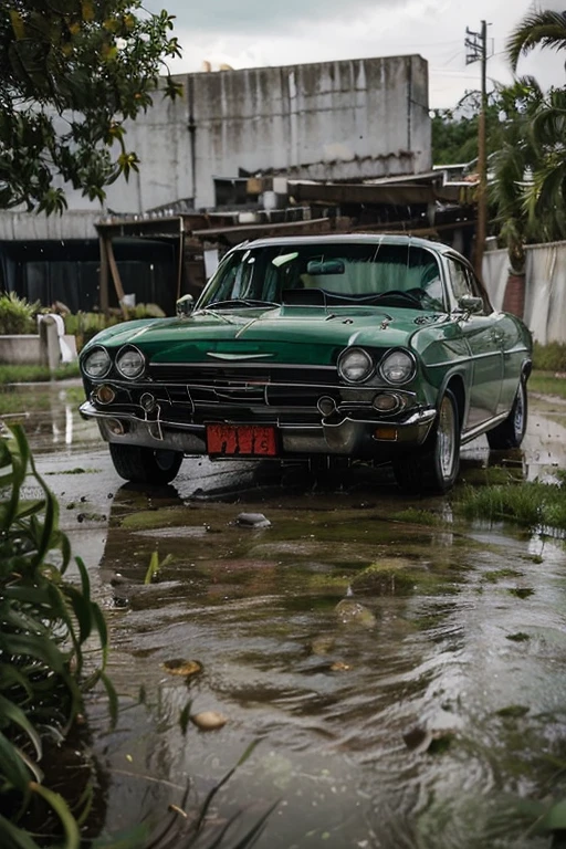 1962 Bel Air, green, white stripes, rainy conditions