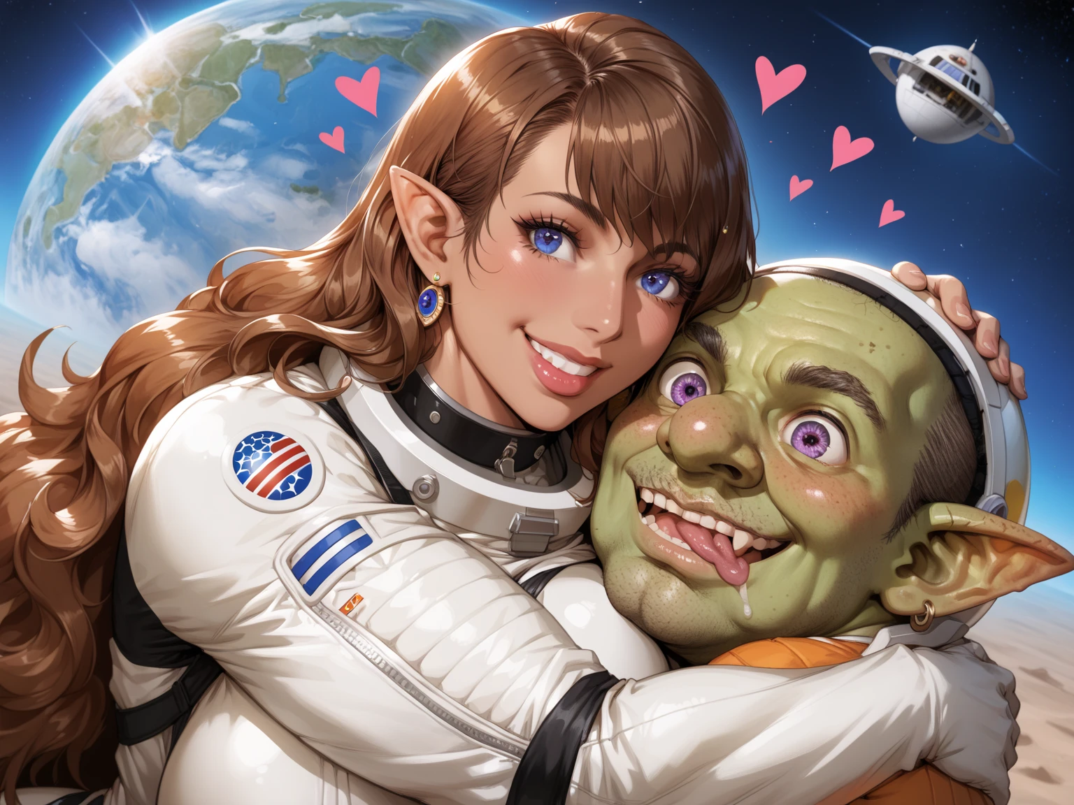 kuna2, 1girl, 1boy, A slave woman and a CUTE Goblin, Space agent and her friend GOBLIN, (1boy: the GOBLIN is wearing a helmet, spacesuit, his skin is purple, he has thick lips, blue eyes, black short hair, he is Smiling) , (1girl: the woman is a milf, she has tanned skin, she is wearing earrings ,astral veil, spacesuit, she is contented, she is looking at the GOBLIN, She seems to be very happy, the woman has long hair with bangs, pointy ears, purple eyes, long eyelashes, brown hair, senos enormes, bottomheavy, gigantic ass, massive thighs), , detailed eyes, heart shaped lips. (obra maestra, altamente detallado, la mejor calidad, 8k) , detailed feet, highly detailed feet, hugging a GOBLIN