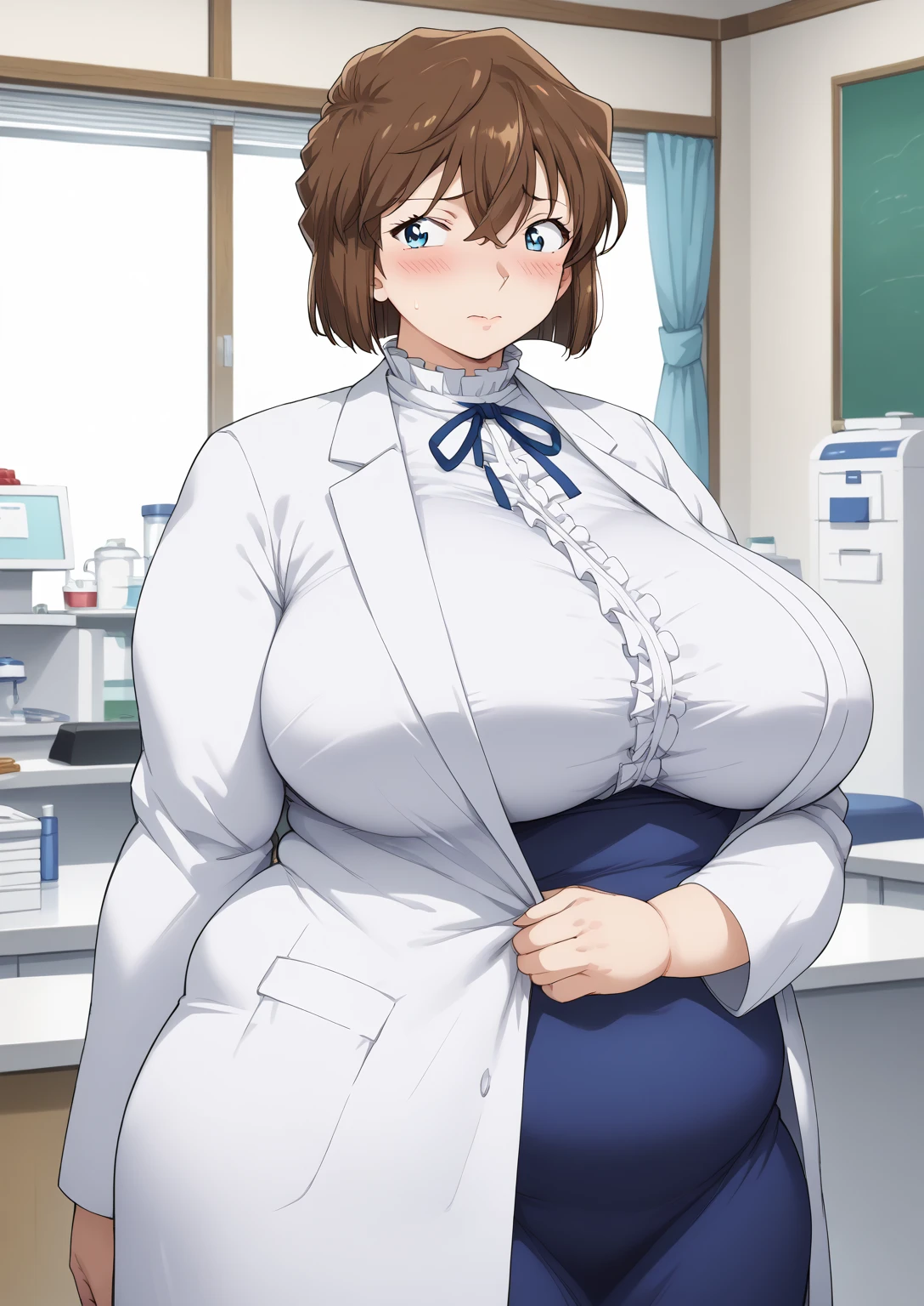 Shiho Miyano, Miyano Shiho, short hair,Brown Hair, blue eyes,hair between eyes,lab coat, Mulberry dress, long sleeve dress, mini skirt dress, score_9,   score_8_ up,   score_7_ up,   score_6_ up,   score_5_ up,   score_4_ up,     masterpiece   ,   top quality,     very aesthetic  ,    absurd,    source_Anime, Anime screencap,    one woman , Alone,   personal   ,  Super huge breasts, (((S uper huge クレビス, Super huge , Super huge boob))), Curvy,   in her 20s,  Mature Woman,   obese , ,  troubled expression,  ssbbw,  embarrassed expression