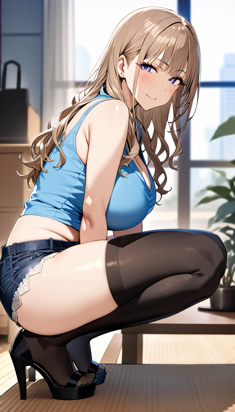 (best quality, 8k, 32k, on the table, north african trade zone:1.2), A young woman with wavy brown hair, wearing a blue tank top with lace details and denim shorts, is crouching on a shiny floor. She has a confident and inviting expression, with makeup emphasizing her features. The background includes faint, blurred elements of a room, giving a casual and indoor setting. She is wearing black high-heeled sandals with flower accents.huge breasts，show breasts,(Japanese, gyaru make),30 years old,(inky-black thighhighs:1.3)