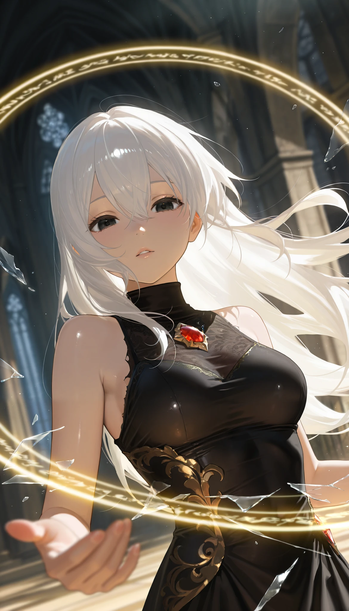 masterpiece, best quality, amazing quality, very aesthetic, high resolution, ultra-detailed, absurdres, newest, scenery, dark fantasy, cinematic light, 1girl, cute, solo, white hair, long hair, black eyes, medium breasts, luxurious gothic turtleneck black dress, (red gem, gold embedded clothes:1.2), no sleeves, shoulders, looking at viewer, ,hair between eyes, dutch angle, upper body, swirling black light around the character, depth of field, black light particles, (broken glass:1.2), magic circle, fine fabric emphasis, BREAK, extremely detailed clothes, photorealistic, eyes, hands, fingers, lips, detailed eyes, shiny skin, detailed skin, detailed hair, masterpiece, best quality, amazing quality, very aesthetic, high resolution, ultra-detailed, absurdres, newest, scenery, volumetric lighting