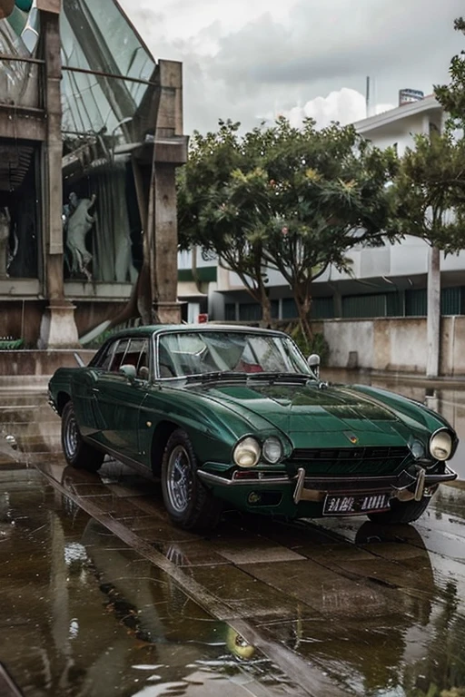 1962 Lamborghini, green, white stripes, rainy conditions