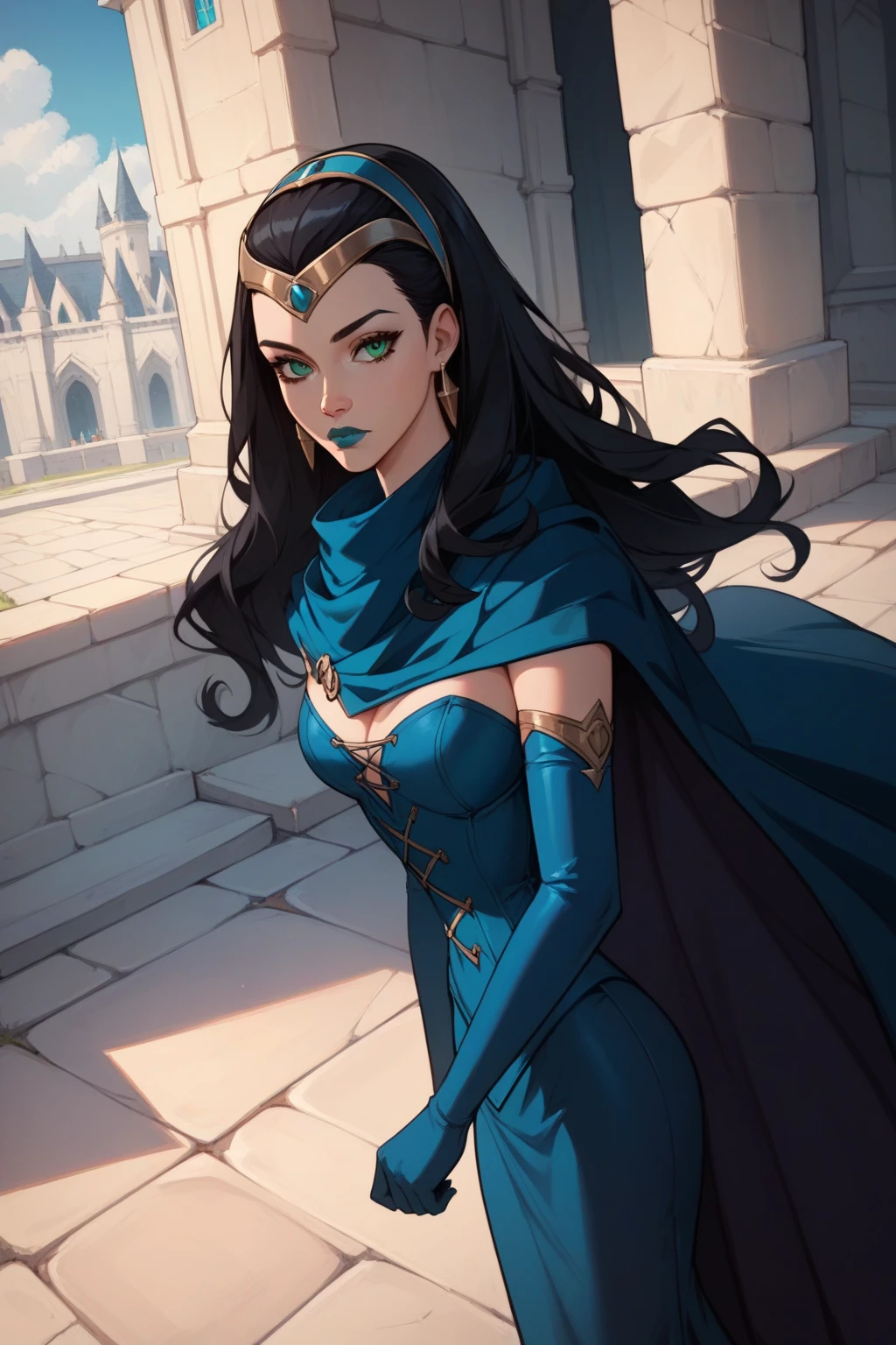 masterpiece, best quality, amazing quality, high resolution, absurdities, contour, witchcraft, long hair, black hair, green eyes, blue lips, elbow gloves, earrings, dress, forehead protector, expressionless fair-skinned woman, blue costume black detail, blue cape, black cape hiding place