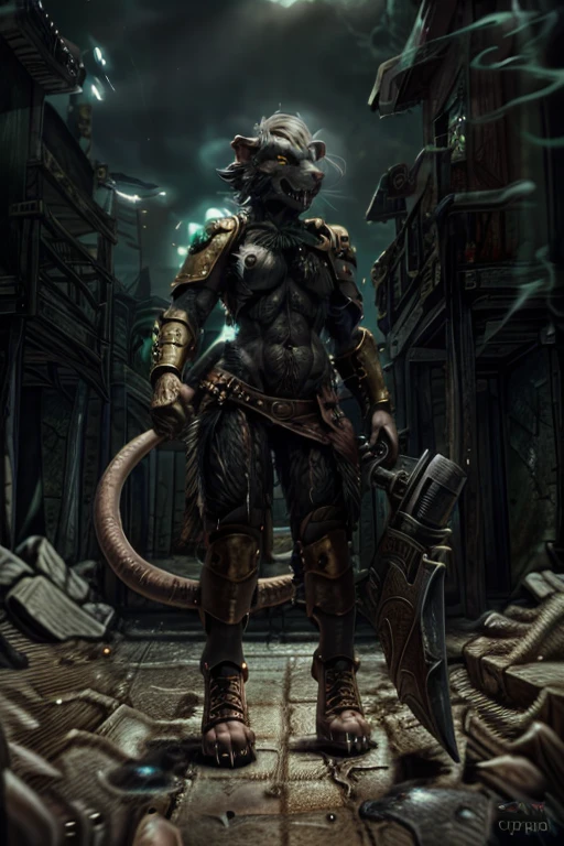 solo,anthro, rat, rodent, skaven, fluffy, safe, rat tail, hairy, warhammer fantasy, vermintide, front view, black body:1.3,masterpiece,highly detailed,8k resolution,solo,ultra detailed perfect piece,masterpiece,extremely detailed CG 8k,very fine 8K CG,best quality,absurdres,zoomed out view,full body view, full length portrait,((anthro)), 8k, 4k, 2k, detailed, intricate, (female), ((solo)), ((detailed fur)),Perfect Anatomy

Detailed background,a bright but desert likd wasteland in a battle field, in control of other skaven,zoomed out full body view,must be bright colors to see

Character a very tall Skaven female giantess standing at over 12ft tall being a towering figure being taller then a house,D cups,thick thighs,feminine massively over-muscled phyique with abs,muscular arms,muscular legs,short white hair in a bob cut,thick messy fur on the body,dark black fur only,golden yellow eyes,one one long pink rat tail,a pink nose on her snout,sharp fanged teeth on the muzzle,hands and feet being pink and rat like paws like with long and sharp claws for, she is smiling and confidently

She wears nothing but a space marine’s armor but with no helmet or gloves or boots,the armor is scavanged up and themed to fit for a skaven as a scavanged and forced to fit for a top and bottoms,the armor has an energy shield powered by the green glow of warpstone, the armor is black with the main color,red with the secondary colors, with gold and silver timmings

She has a Modified Storm Bolter in her left hand, a powerful flamethrower, and in her right hand lightning-infused blue steel axe with a blue lighting glow to it,with her armor having a green glowing rocks in it due to green rocks being embeded into the chest, stomach and shoulder armor areas

Must have black fur,as in jet black color for a pure black coat of fur,but not white fur with Space Marine themed armor

Also no watermarks at all

by personalami, by zephyxus, by darkgem, by null-ghost, skaven, MFBP1, Warhammer 40K