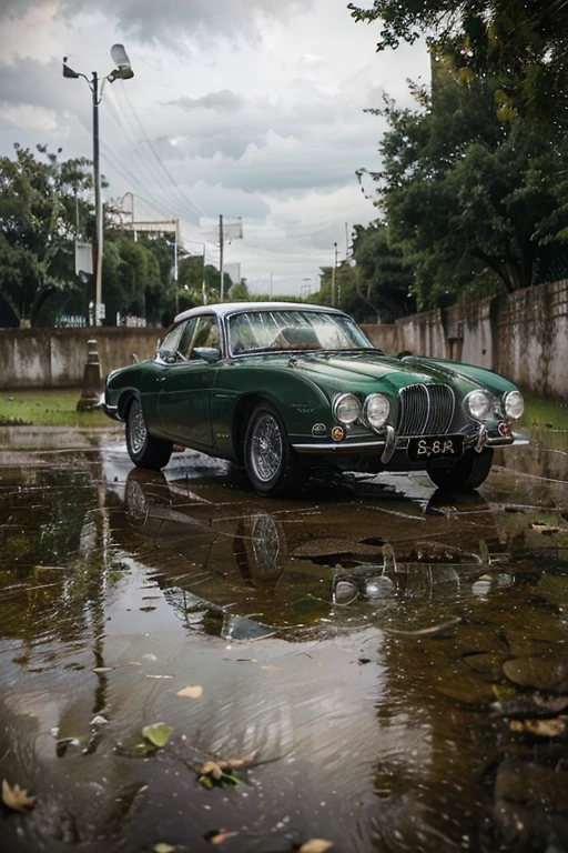 1962 Jaguar, green, white stripes, rainy conditions