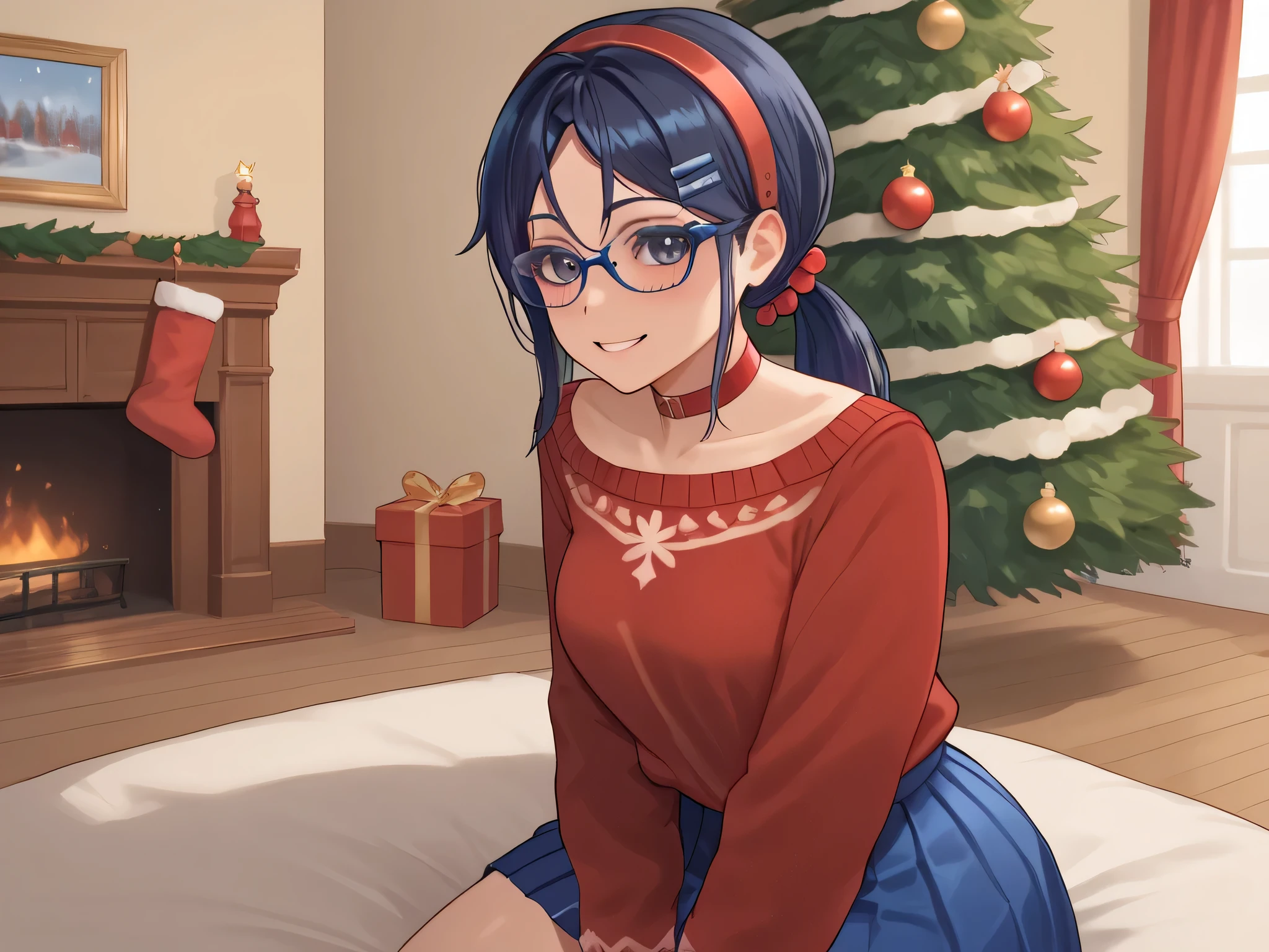 score_9,score_8_up,score_7_up, solo, 1 girl, dark blue eyes, dark blue hair, braids hair, red hairband, choker, red sweater, blue skirt, hair ornament, sweet smile, blush, blushing, glasses,New Year's atmosphere, Santa Claus's clothes, New Year's tree in the background,you can see the panties,sits on his knees,