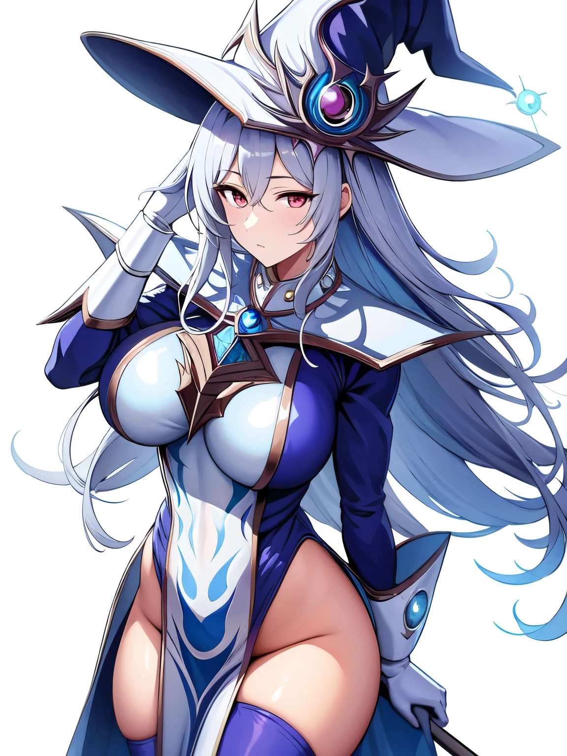 (masterpiece, best quality:1.2), 1girl, solo, Silent_magician, long_hair, silver_hair, witch_hat, dress, red_eyes, thighs, pelvic_curtain, clothing_cutout, white_gloves, large_breasts, sparkle_background, 