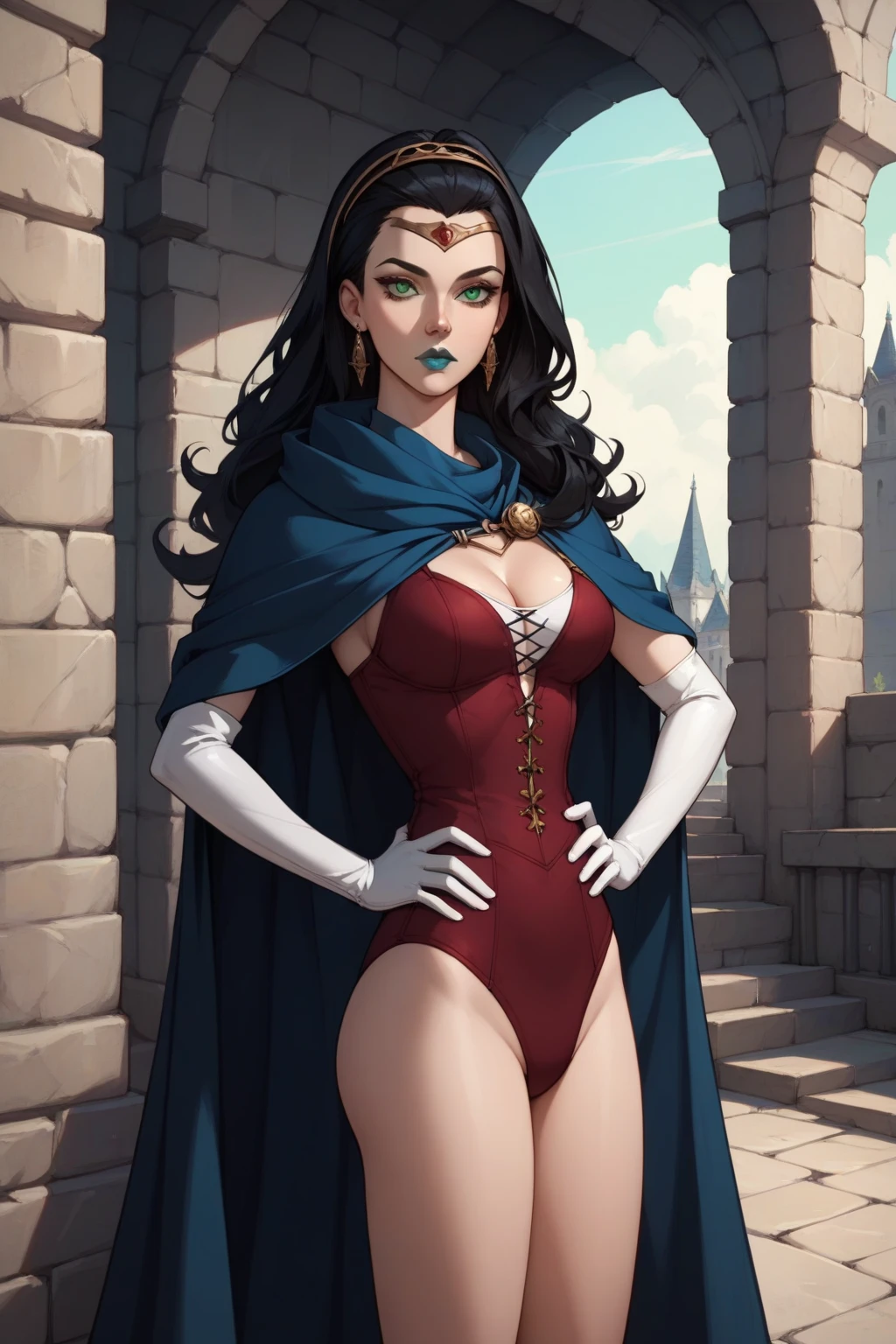 masterpiece, best quality, amazing quality, high resolution, absurdities, contour, witchcraft, long hair, black hair, green eyes, blue lips, elbow gloves, earrings, dress, forehead protector, expressionless fair-skinned woman,
blue costume black detail, blue cape, black cape hiding place, swimsuit, big chest, hands on waist