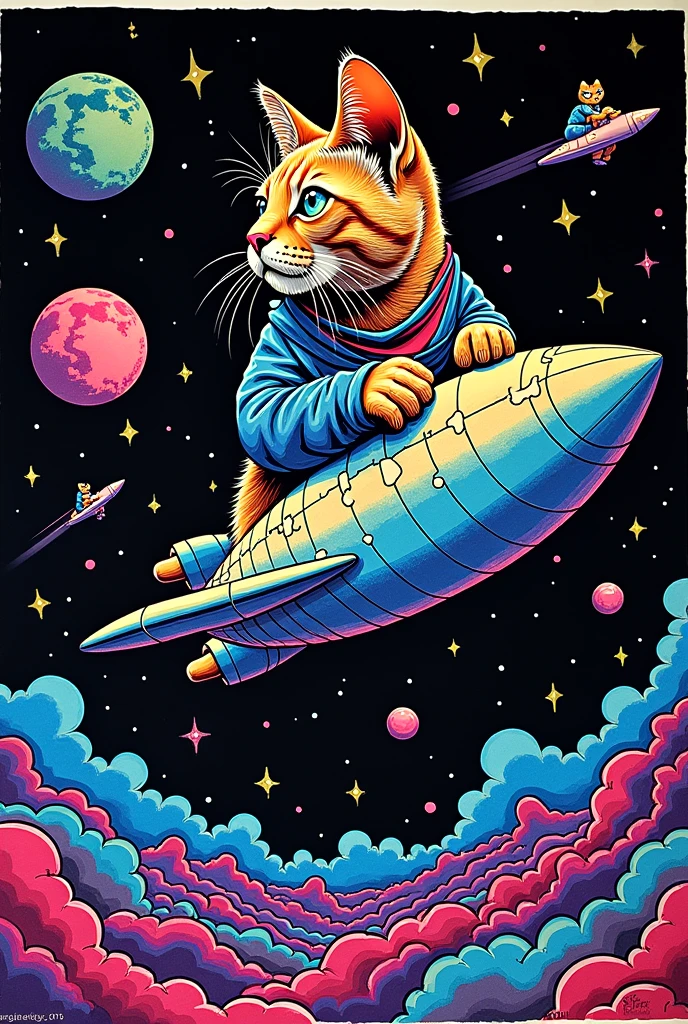  I have a poster of a cat riding a spaceship,  SILKSCREEN PRINT , Psychedelic Concert Poster, blacklight poster,  SILKSCREEN PRINT  , Silkscreen Art, Emory Douglas , black light velvet poster,  LSD art of a shamanic poster ,  pop psychedelic art 、black light pink 