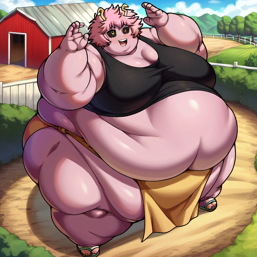  score_9,  score_8_above,  score_7_above,   source  _animated, mina ashido, pink skin,  bare shoulders ,  black shirt,  tank top, outdoors, farm,  cowboy shot, gordo,  plump , obese,  gigantic arms and legs,  takes full body ,  side view, obese,loincloth, a Mawashi pose , Sumo wrestler, Shiko Dachi ,  horse pose 