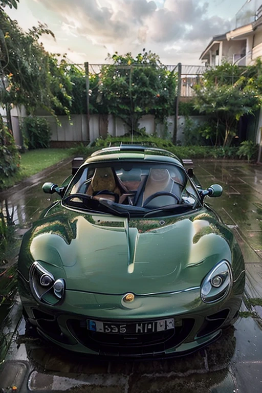 1997 Lotus Elise, green, white stripes, rainy conditions