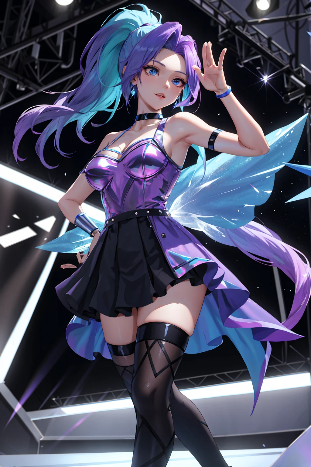 masterpiece, best quality, highres, seraphine1, 1girl, solo, blue hair, k/da \(league of legends\), very long hair, multicolored hair, jewelry, ponytail, blue eyes, earrings, dress, black choker, two-tone hair, purple hair, black thighhighs, bracelet, black skirt, crystal, large breasts, on the stage, waving