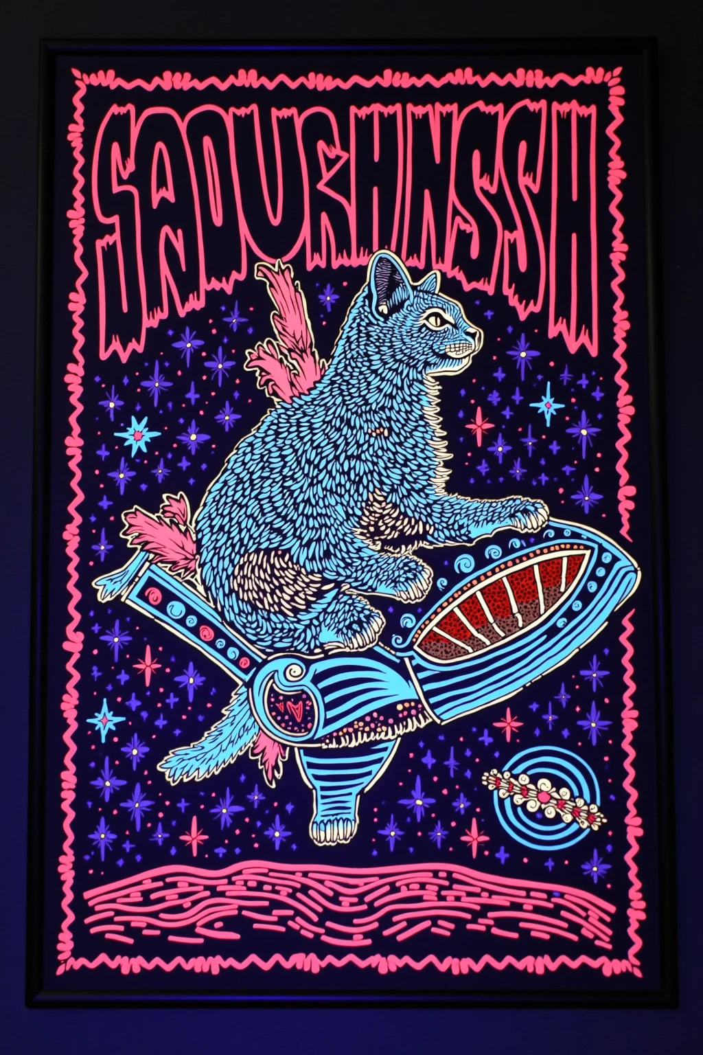  I have a poster of a cat riding a spaceship,  SILKSCREEN PRINT , Psychedelic Concert Poster, blacklight poster,  SILKSCREEN PRINT  , Silkscreen Art, Emory Douglas , black light velvet poster,  LSD art of a shamanic poster ,  pop psychedelic art 、black light pink 