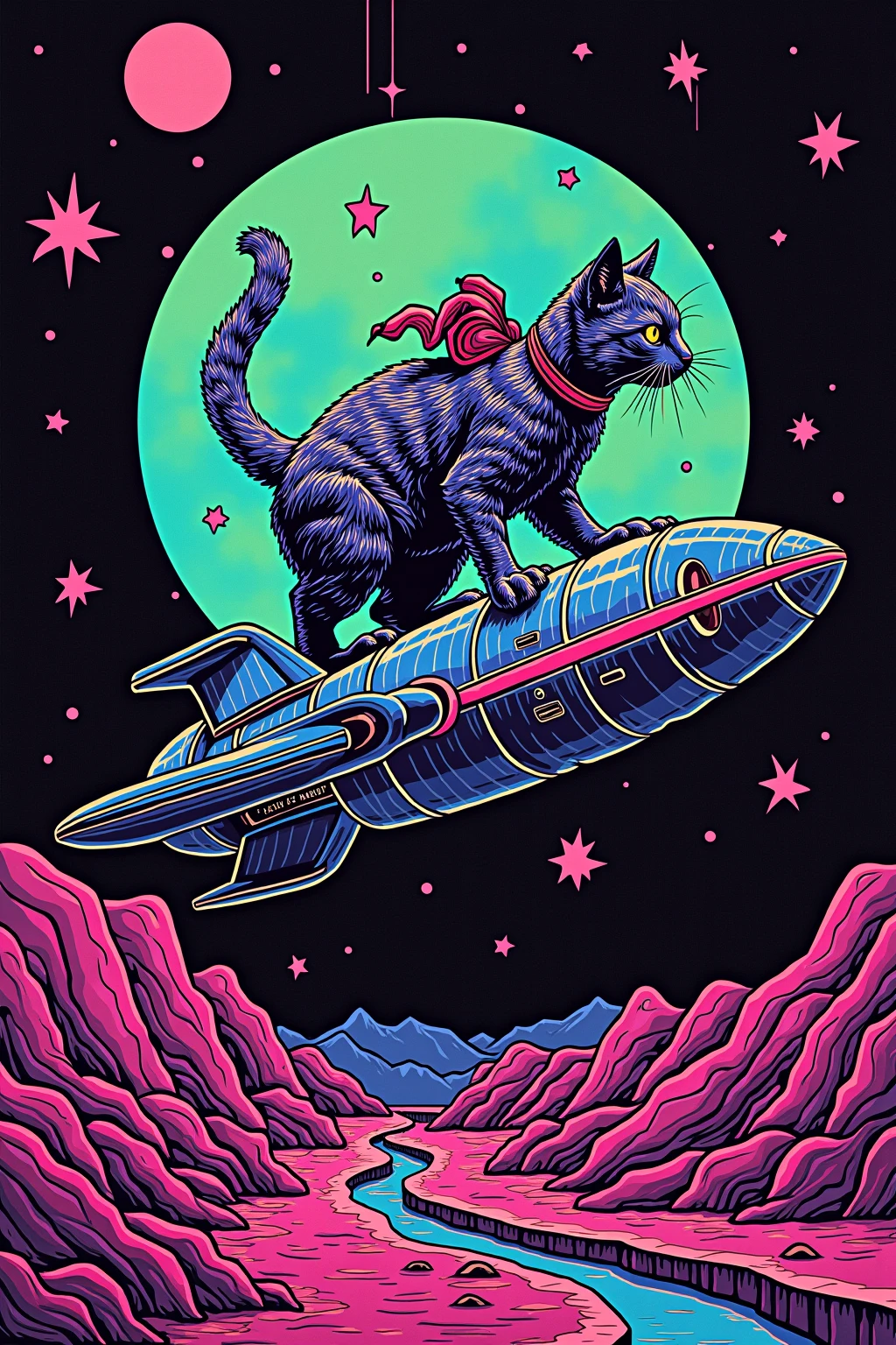  I have a poster of a cat riding a spaceship,  SILKSCREEN PRINT , Psychedelic Concert Poster, blacklight poster,  SILKSCREEN PRINT  , Silkscreen Art, Emory Douglas , black light velvet poster,  LSD art of a shamanic poster ,  pop psychedelic art 、black light pink 