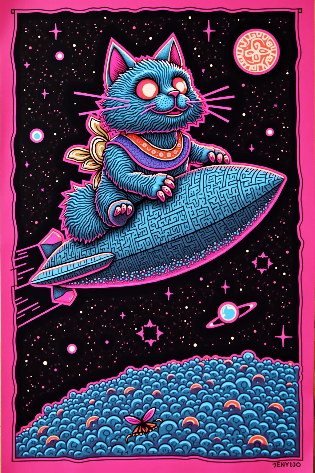  I have a poster of a cat riding a spaceship,  SILKSCREEN PRINT , Psychedelic Concert Poster, blacklight poster,  SILKSCREEN PRINT  , Silkscreen Art, Emory Douglas , black light velvet poster,  LSD art of a shamanic poster ,  pop psychedelic art 、black light pink 