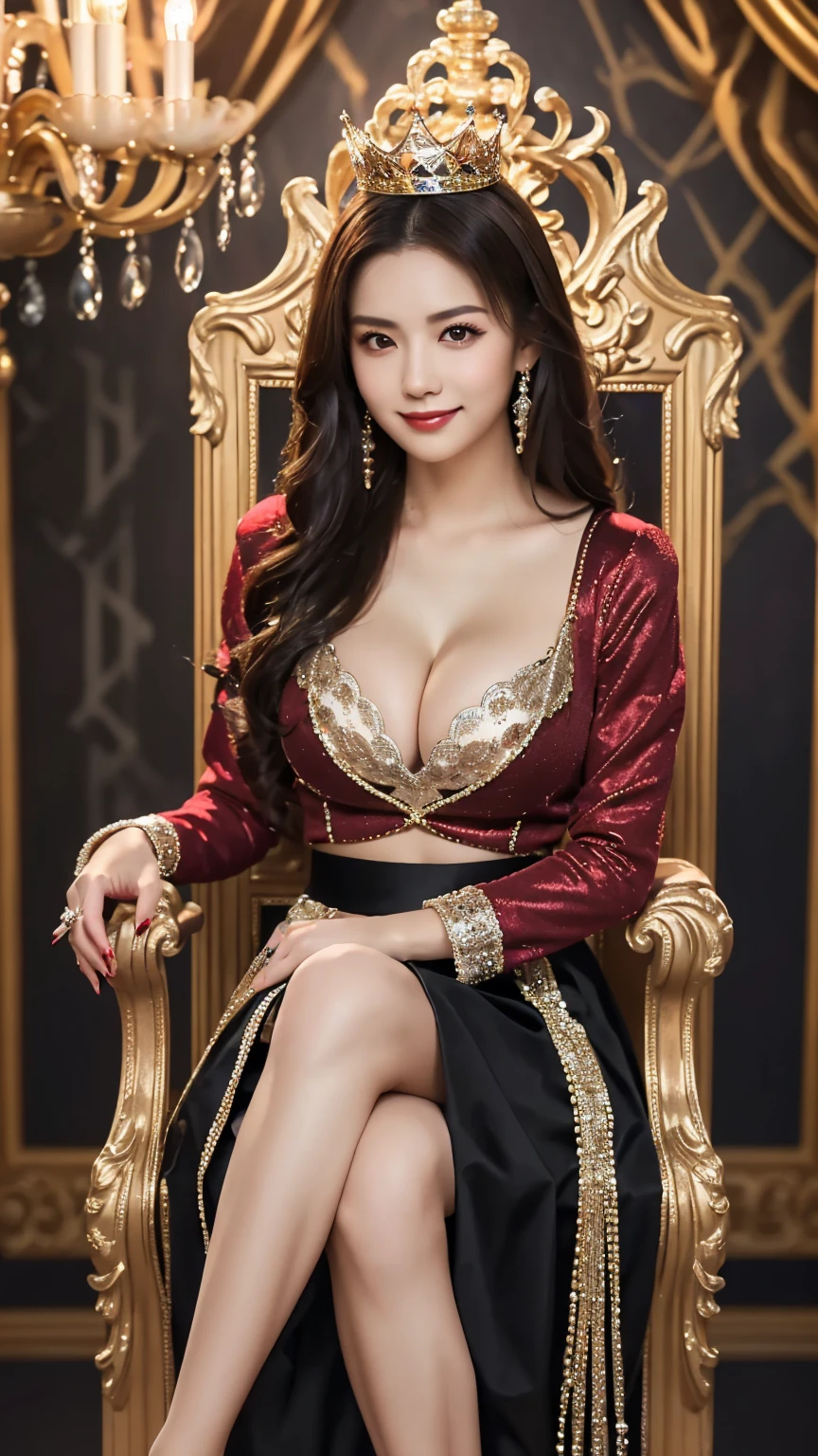 (long sleeve long skirt with jewels queen's outfit : 1.5), (Seated on the throne  : 1.5), ( crosses legs : 1.5), ( Royal Background with Chandelier : 1.5), (Carrying the Crown  : 1.4), ( curled hair  : 1.4), young and adorable Japanese face, Official Art, high definition CG Unity 8k wallpaper,Ultra high definition ,Very detailed, half photos with Brazil, high definition , Kodak Portrait 400, film grain , lens flare glow, best quality,8k, as a portrait shot,8k, Show viewer, (( best quality)), ( super detailed), smile, (( sexy)), (( Very detailedな)), (detailed clothing features), (beautiful), Illustration, beautiful Japanese woman, ((1 female)), (Bold Cleavage : 1.3)