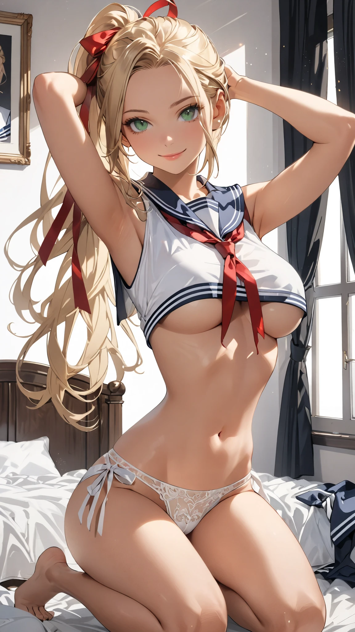 masterpiece, best quality, semi-realistic, 1woman, JK, green eyes, slightly smile, detailed hair, silky blonde hair, (forehead, sliced back hair), side ponytail, (underboob), medium skin, Skin with attention to detail, arms behind head, (spread kneeling), thin lace thong:, cameltoe, no bra, sailor suit, sheer crop top white shirt, sleeveless, no skirt, red ribbon tie, bedroom, front view