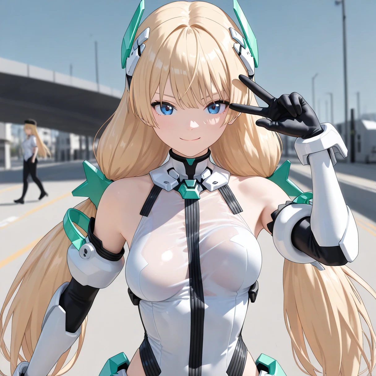 ( Super Realistic Pictures , RAW photos  , realism , 3d rendering ,Unity Engine), BRAEK (Angela_Balzac,  One girl ,  long hair, Alone, very  long hair,  blue eyes,  leotards, Blonde,  twin tails,  gloves, elbow  gloves,  headgear , low  twin tails, Bare shoulders, medium breasts:1.4, bangs, Saito_Masatsugu Art Style), break (from front, looking at viewer, upper body focus, (close-up:1.3)), break ((Smile, v over eye)),(walking, bouncing breasts),break (see-through shirt),