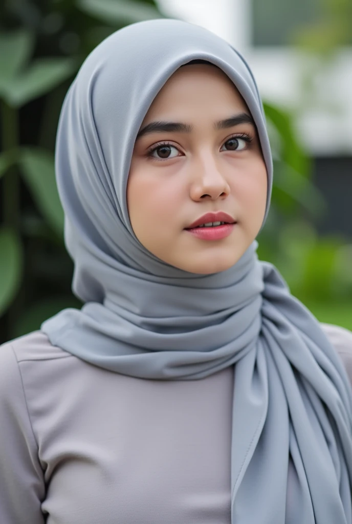 Realistic photo,wearing dress and long hijab grey colours, look from above, hyperrealistic, masterpiece, sweet ekspresion, melancholy , closeup photo, bright eyes, sexy lips, detailed makeup, detailed eyes cornea, wearing hijab no hair looks, blush pink cheek, outdoor background