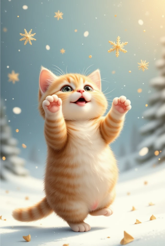 Golden snowflakes are falling, a cat is jumping desperately to catch them, and a cat is confused when they disappear as soon as it reaches its hand. This is a cute, dream-like illustration art, ultra detailed, absolutely resolution, masterpiece