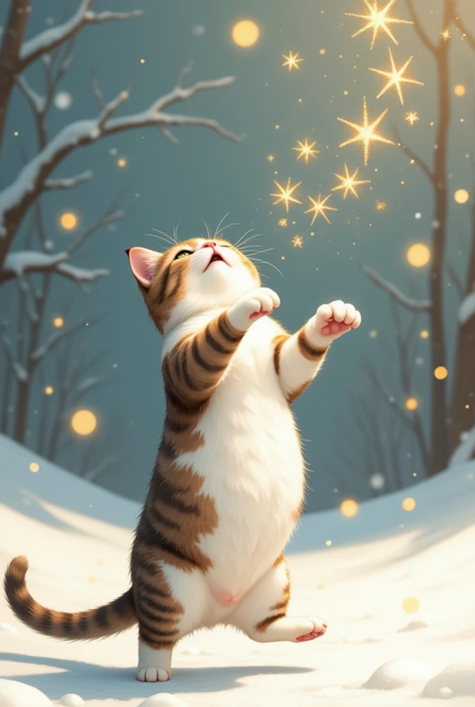 Golden snowflakes are falling, a cat is jumping desperately to catch them, and a cat is confused when they disappear as soon as it reaches its hand. This is a cute, dream-like illustration art, ultra detailed, absolutely resolution, masterpiece