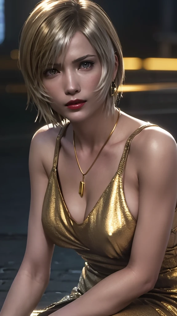 Busty Mature woman, Silver Short Undercut, Silver Eyes, A Queen, Gold Crown, Gold Cross Necklace, Red Lips, loose Dress, Sitting on Golden Throne, Looking Menacingly,(best quality,4k,8k,highres,masterpiece:1.2),ultra-detailed,(realistic,photorealistic,photo-realistic:1.37),intricate details, hyper detailed, photorealistic, cinematic lighting, dramatic, Wide shot)Aya brea