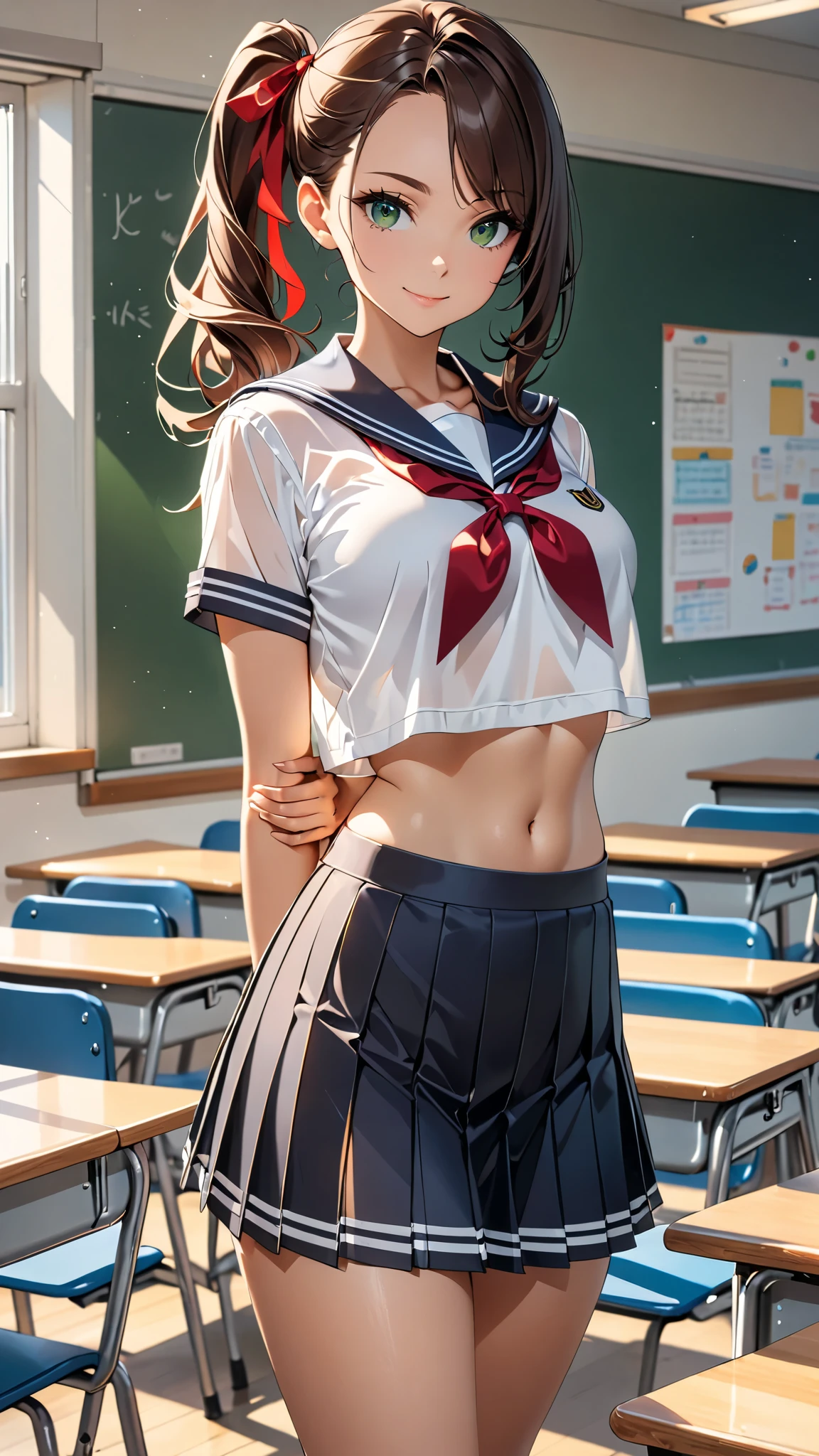 women in classroom, ((Sailor suit, crop top)), blue school skirt, Open the navel, Open belly, (Showing the abdominal area), 15 years old, Cross your arms over your chest.