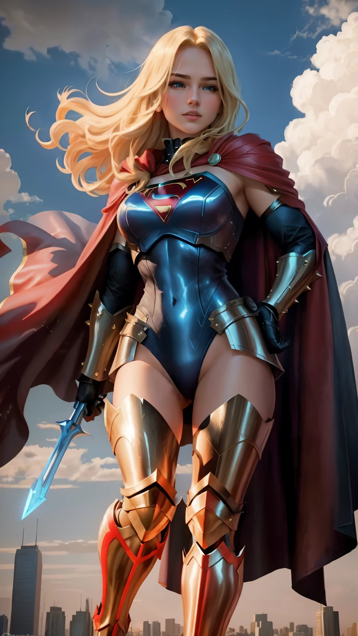 masterpiece, high quality, best quality:1.3, Supergirl, blonde hair, blue eyes, spiked armlet, stylish and elegant armored bodysuit with flowing cape, thigh-high armored boots, heroic pose facing forward, glowing city skyline in the background, cinematic lighting, powerful and majestic
