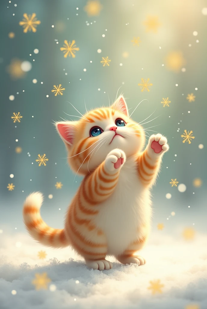 Golden snowflakes are falling, a cat is jumping desperately to catch them, and a cat is confused when they disappear as soon as it reaches its hand. This is a cute, dream-like illustration art, ultra detailed, absolutely resolution, masterpiece