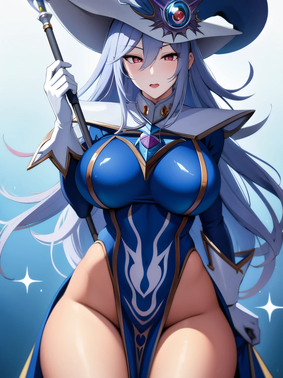 (masterpiece, best quality:1.2), 1girl, solo, Silent_magician, long_hair, silver_hair, witch_hat, dress, red_eyes, thighs, pelvic_curtain, clothing_cutout, white_gloves, large_breasts, sparkle_background, 