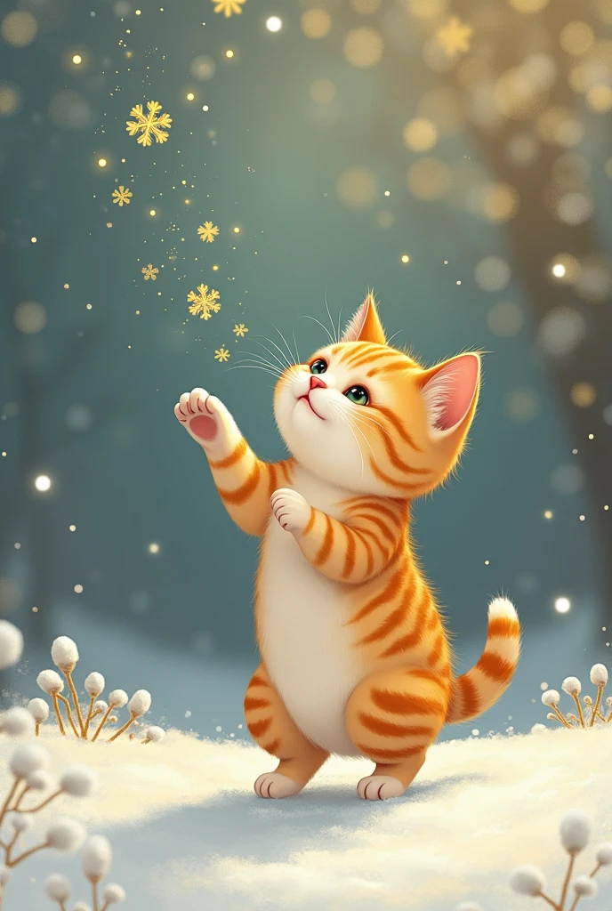 Golden snowflakes are falling, a cat is jumping desperately to catch them, and a cat is confused when they disappear as soon as it reaches its hand. This is a cute, dream-like illustration art, ultra detailed, absolutely resolution, masterpiece