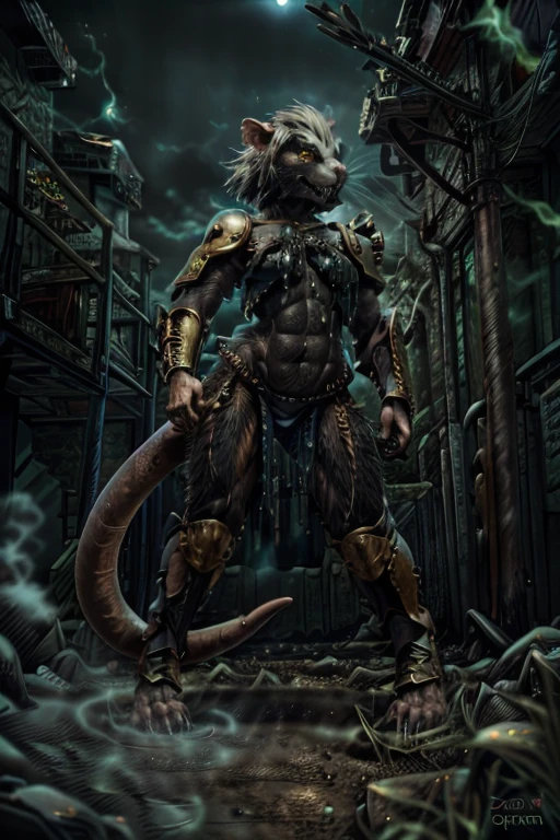 solo,anthro, rat, rodent, skaven, fluffy, safe, rat tail, hairy, warhammer fantasy, vermintide, front view, black body:1.3,masterpiece,highly detailed,8k resolution,solo,ultra detailed perfect piece,masterpiece,extremely detailed CG 8k,very fine 8K CG,best quality,absurdres,zoomed out view,full body view, full length portrait,((anthro)), 8k, 4k, 2k, detailed, intricate, (female), ((solo)), ((detailed fur)),Perfect Anatomy

Detailed background,a bright but desert likd wasteland in a battle field, in control of other skaven,zoomed out full body view,must be bright colors to see

Character a very tall Skaven female giantess standing at over 12ft tall being a towering figure being taller then a house,D cups,thick thighs,feminine massively over-muscled phyique with abs,muscular arms,muscular legs,short white hair in a bob cut,thick messy fur on the body,dark black fur only,golden yellow eyes,one one long pink rat tail,a pink nose on her snout,sharp fanged teeth on the muzzle,hands and feet being pink and rat like paws like with long and sharp claws for, she is smiling and confidently

She wears nothing but a space marine’s armor but with no helmet or gloves or boots,the armor is scavanged up and themed to fit for a skaven as a scavanged and forced to fit for a top and bottoms,the armor has an energy shield powered by the green glow of warpstone, the armor is black with the main color,red with the secondary colors, with gold and silver timmings

She has a Modified Storm Bolter in her left hand, a powerful flamethrower, and in her right hand lightning-infused blue steel axe with a blue lighting glow to it,with her armor having a green glowing rocks in it due to green rocks being embeded into the chest, stomach and shoulder armor areas

Must have black fur,as in jet black color for a pure black coat of fur,but not white fur with Space Marine themed armor

Also no watermarks at all

by personalami, by zephyxus, by darkgem, by null-ghost, skaven, MFBP1, Warhammer 40K