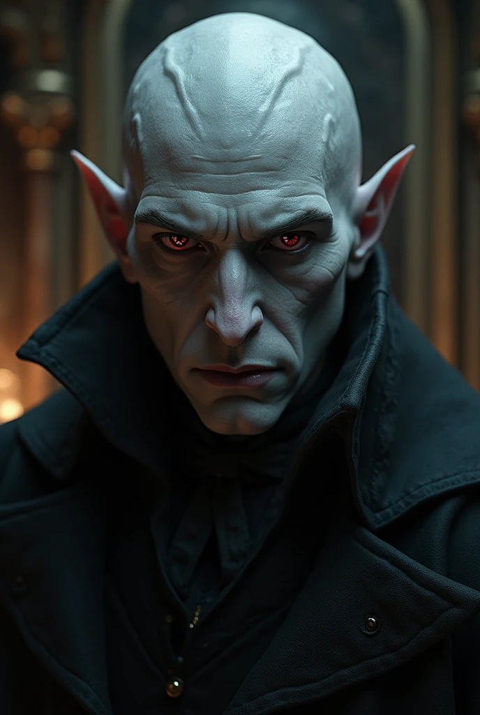 (((hyper realistic face)))(((extreme realistic skin detail))) (face with detailed shadows) (masterpiece, highest quality), (realistic, photo_realistic:1.9), ((Photoshoot))) A photograph of Nosferatu, the iconic vampire character, in the setting of a castle at night. Nosferatu is in the foreground, illuminated by the light of the full moon. The castle stands tall in the background, surrounded by menacing clouds over the Carpathian mountains. Captured with a mirrorless camera, a fine-grained film is used to add detail and texture. Lateral lighting creates dramatic shadows, accentuating the contours of Nosferatu's face. A light layer of fog extends over the ground, adding a mysterious ambiance. Bats fly in the dark sky. sharp focus, 8k, UHD, high quality, frowning, intricate detailed, highly detailed, hyper-realistic.