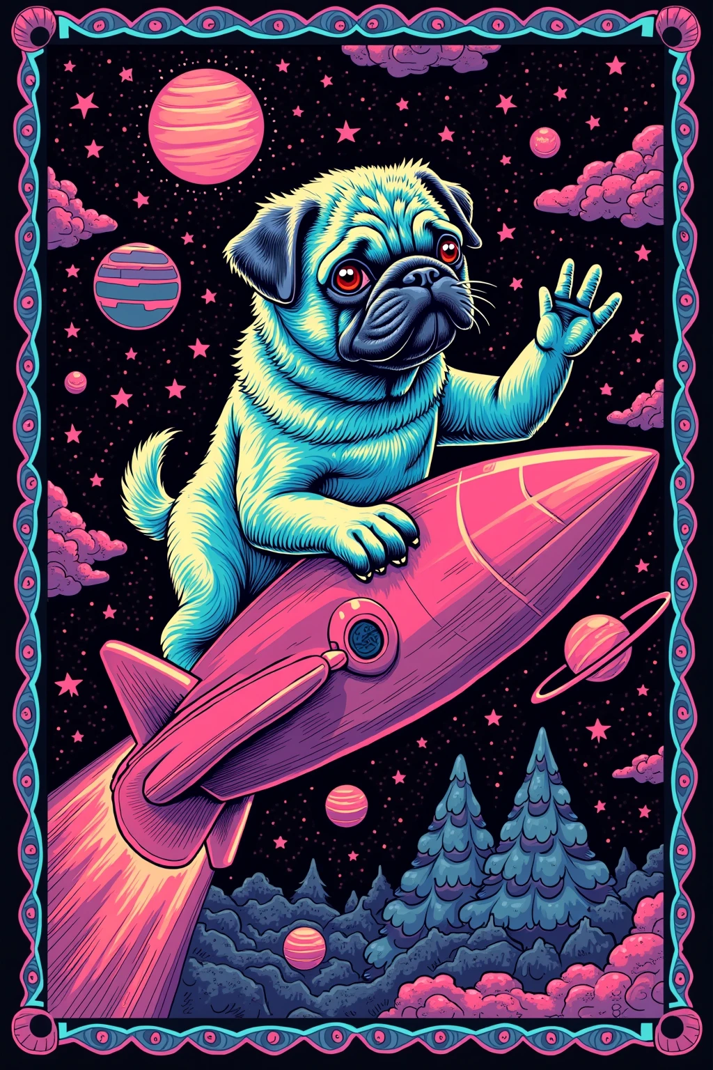  I have a poster of a pug riding a spaceship,  SILKSCREEN PRINT , Psychedelic Concert Poster, blacklight poster,  SILKSCREEN PRINT  , Silkscreen Art, Emory Douglas , black light velvet poster,  LSD art of a shamanic poster ,  pop psychedelic art 、black light pink 