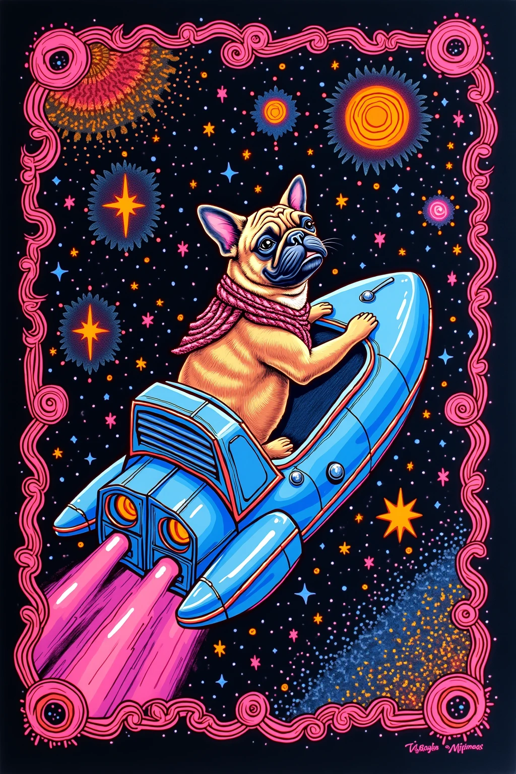  I have a poster of a pug riding a spaceship,  SILKSCREEN PRINT , Psychedelic Concert Poster, blacklight poster,  SILKSCREEN PRINT  , Silkscreen Art, Emory Douglas , black light velvet poster,  LSD art of a shamanic poster ,  pop psychedelic art 、black light pink 