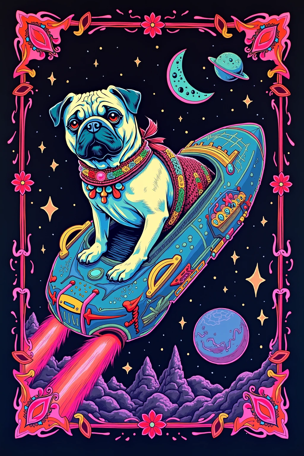  I have a poster of a pug riding a spaceship,  SILKSCREEN PRINT , Psychedelic Concert Poster, blacklight poster,  SILKSCREEN PRINT  , Silkscreen Art, Emory Douglas , black light velvet poster,  LSD art of a shamanic poster ,  pop psychedelic art 、black light pink 