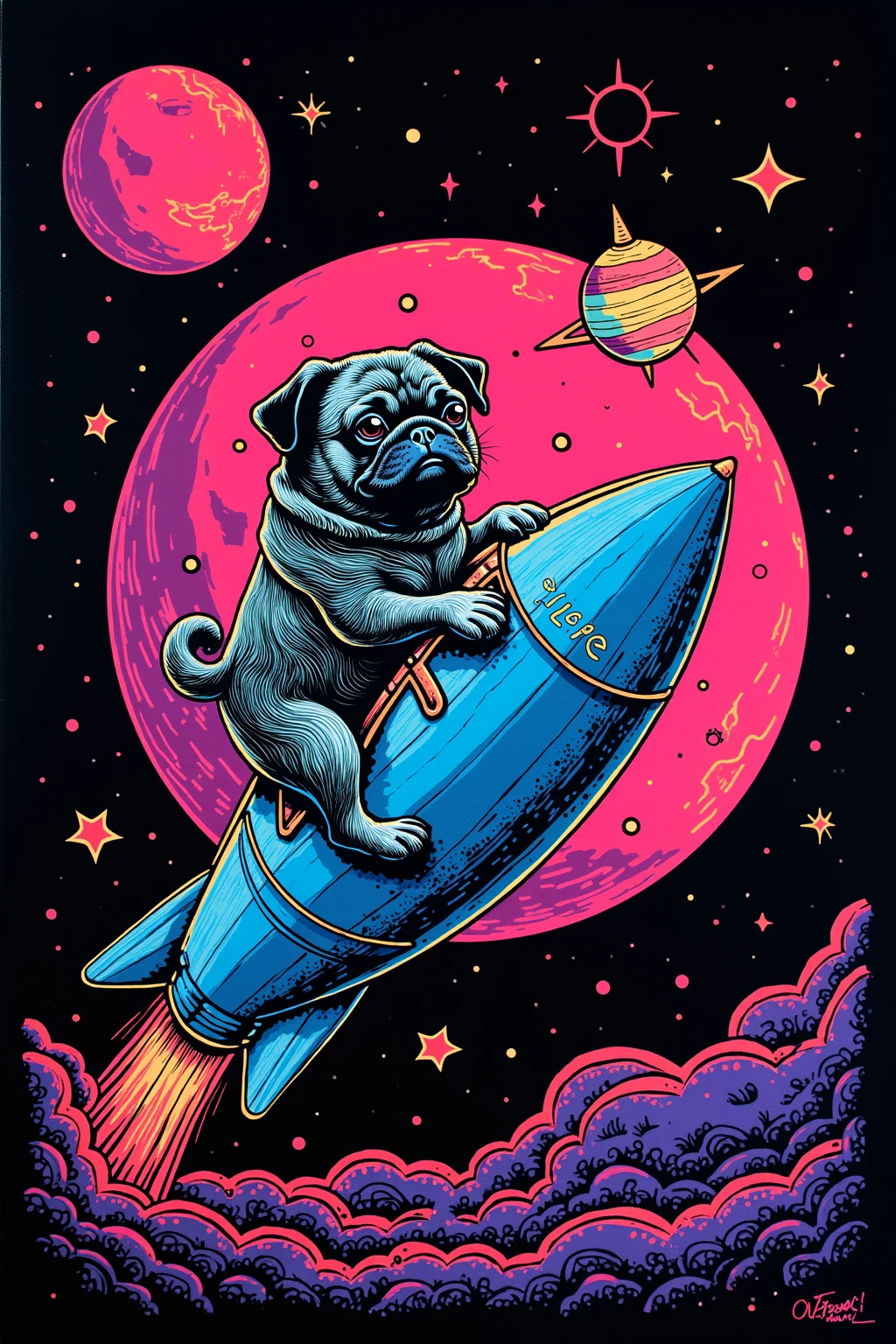  I have a poster of a pug riding a spaceship,  SILKSCREEN PRINT , Psychedelic Concert Poster, blacklight poster,  SILKSCREEN PRINT  , Silkscreen Art, Emory Douglas , black light velvet poster,  LSD art of a shamanic poster ,  pop psychedelic art 、black light pink 