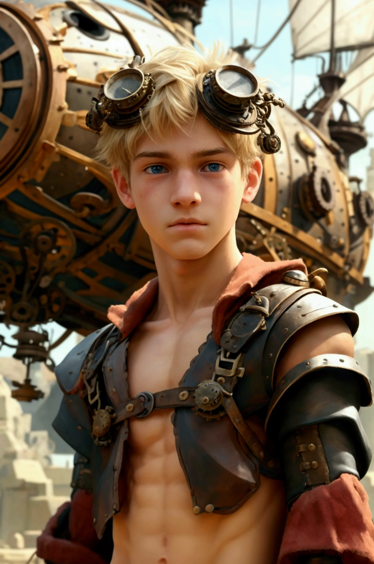 A full-body photo of a young  male cute boyish imature shirtless 18yo teenager, Innocent face, innocent expression super skinny, blond, handsome, cute handsome boyish face,   ((wearing a tight loincloth. Ultra realism photo)). Full-body male focus. Focus on male cuteness.  Perfect anatomical proportions.(( Shirtless)) photographed in front of an intricately designed steampunk airship  with many intricate steampunk gadgets. Steampunk setting. Perfect face. His face is free from gadgets and blemishes.  (((Soft physique. Weak looking))) no shirt. naked. Atractive Bare feet stand on beautifulcl cobblestones, fuzzy calves. Smooth Weak thighs,  leather straps around his skinny knees. Vulnerable artistic nudity.