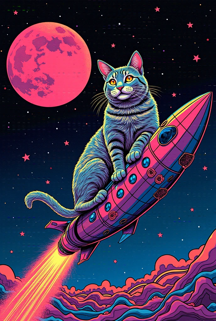  I have a poster of a cat riding a spaceship,  SILKSCREEN PRINT , Psychedelic Concert Poster, blacklight poster,  SILKSCREEN PRINT  , Silkscreen Art, Emory Douglas , black light velvet poster,  LSD art of a shamanic poster ,  pop psychedelic art 、black light pink 