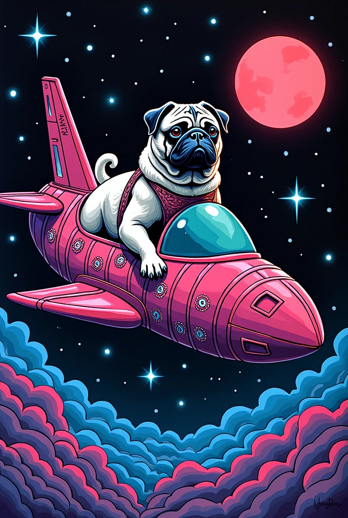  I have a poster of a pug riding a spaceship,  SILKSCREEN PRINT , Psychedelic Concert Poster, blacklight poster,  SILKSCREEN PRINT  , Silkscreen Art, Emory Douglas , black light velvet poster,  LSD art of a shamanic poster ,  pop psychedelic art 、black light pink 