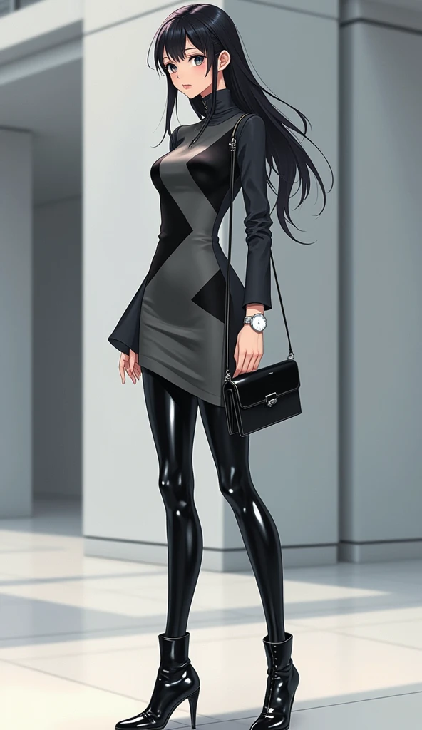 Anime girl with tight geometric print dress in shades of gray and black, shiny black leather leggings , and high black leather heels and white bottom and watch