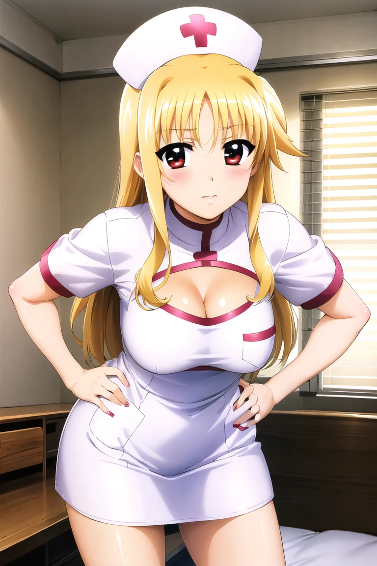 Fate Testarossa,megami magazine,long hair,blonde hair,straight hair,red eyes,{{large breasts}},
((nurse,cleavage cutout,nurse cap,breast pocket,collared dress,short dress,short sleeves,thighs,white dress,white headwear)),
1woman,(is embarrassing,big blush,closed mouth:1.0),
((leaning forward,hand on hip:1.2)),
(hospital room:1.0),clothed
