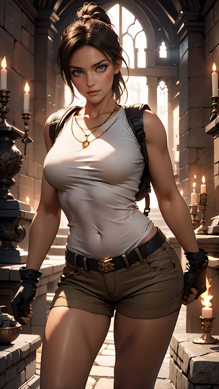  character:  A fearless and athletic archaeologist in an adventurous environment .
Description:  A young, athletic woman with dark brown hair tied in a ponytail .  She wears an olive tank top fitted to her body and brown shorts ,  with fingerless gloves and hiking boots reinforced with .  The character is equipped with a exploration backpack and two holsters attached to the thighs , containing pistols .

scenario:  Lara is in an ancient tomb illuminated by torches ,  presence filled with ancient inscriptions and traps visible in the background .  The floor is made of stone and is partly covered by undergrowth .  There is a golden light coming from a shining jewel on an altar in the background ,  creating a dramatic contrast with the dark lighting of the tomb .

 Actions and emotions :  Lara is in an alert position ,  with a pistol in one hand and a torch in the other ,  watching carefully something ahead .  Her expression conveys determination and curiosity .

Visual Style: detailed digital art,  with an emphasis on realism .  The focus must be on Lara ,  the scenery complementing its imposing .  Avoid anatomical distortions ,  especially in the hands and face .

 lighting :  A dynamic play of lights ,  with the flame of the torch reflecting on her equipment and the surrounding stone .  The jewel's golden glow partially illuminates your face and creates dramatic shadows in the environment.
