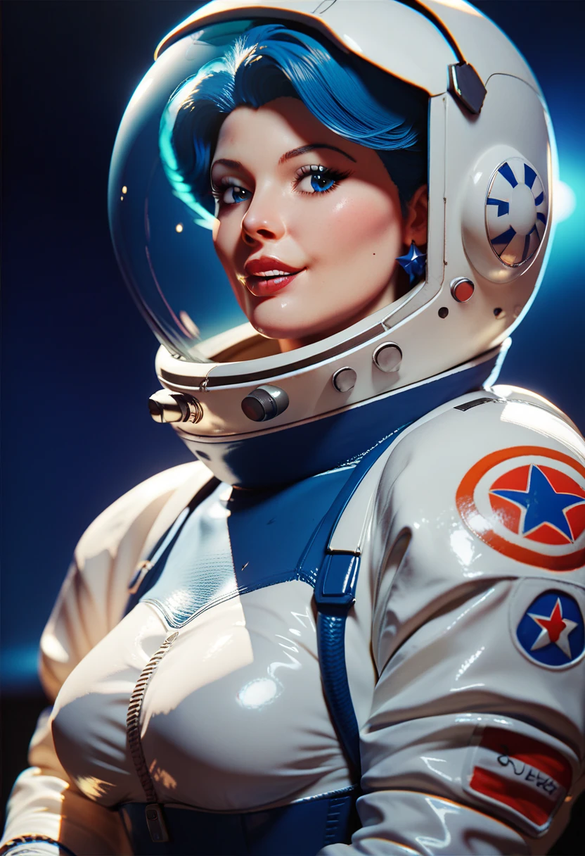 2D style art, Retro blue female Space suit.